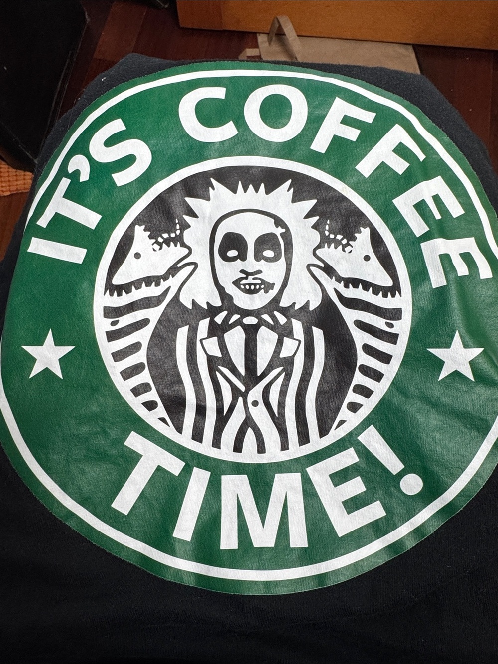 Black Short-Sleeve Tee with Green 'It's Coffee Time!' Graphic  beetlejuice
